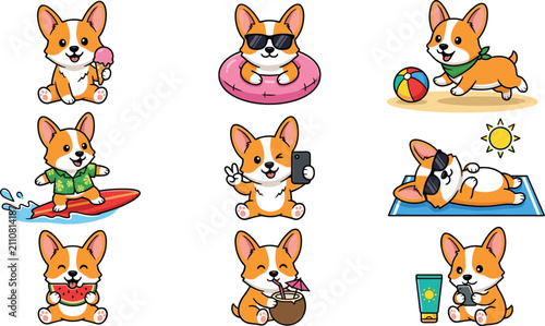Fotografía Cute corgi dog summer beach vacation icon set with cartoon puppy surfing swimmin