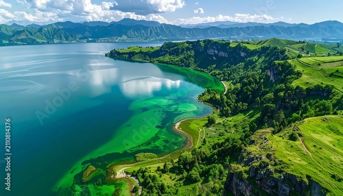 Aerial view of a stunning body of water with vibrant green shallows, surrounded by lush green hills, and majestic mountains