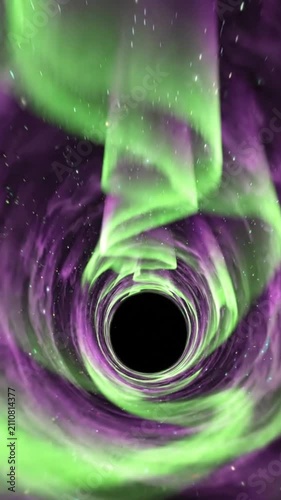 Abstract cosmic vortex with purple and green aurora lights