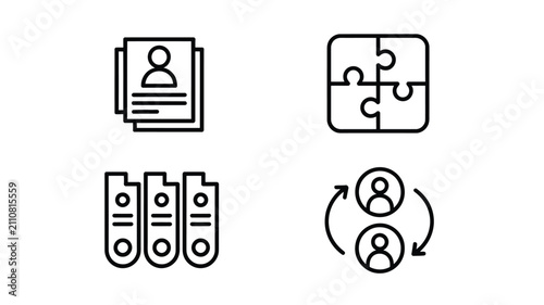 Business outline icon set vector illustration featuring resume profile puzzle teamwork archive binders and employee exchange arrows isolated on white.