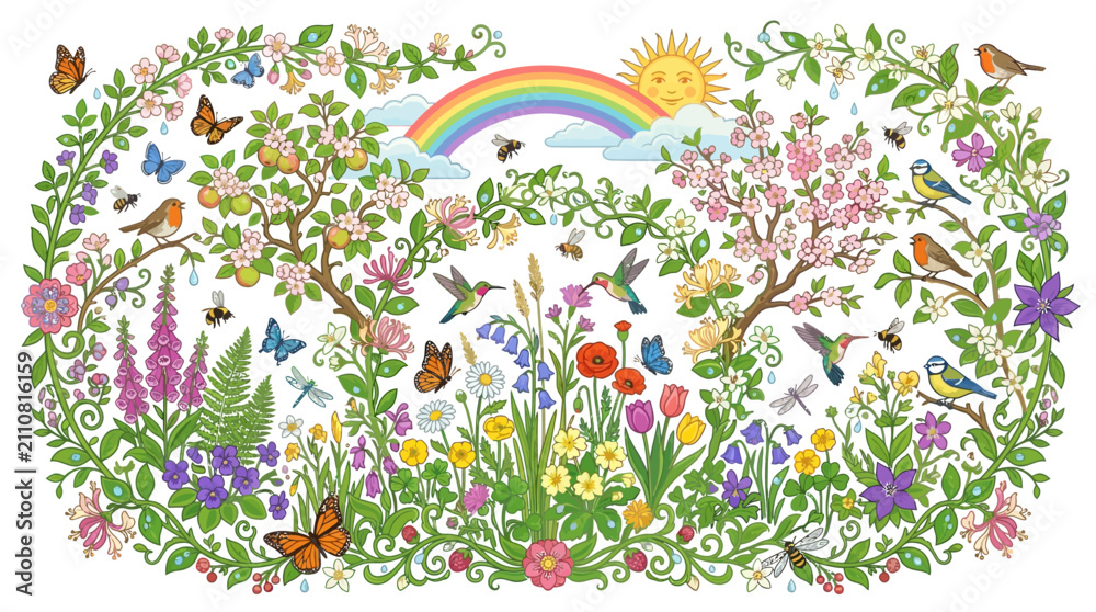Obraz premium Garden scene features vibrant flowers, blooming trees, buzzing bees, colorful butterflies, and hummingbirds under a bright rainbow and sun, creating a peaceful outdoor sanctuary for nature lovers.