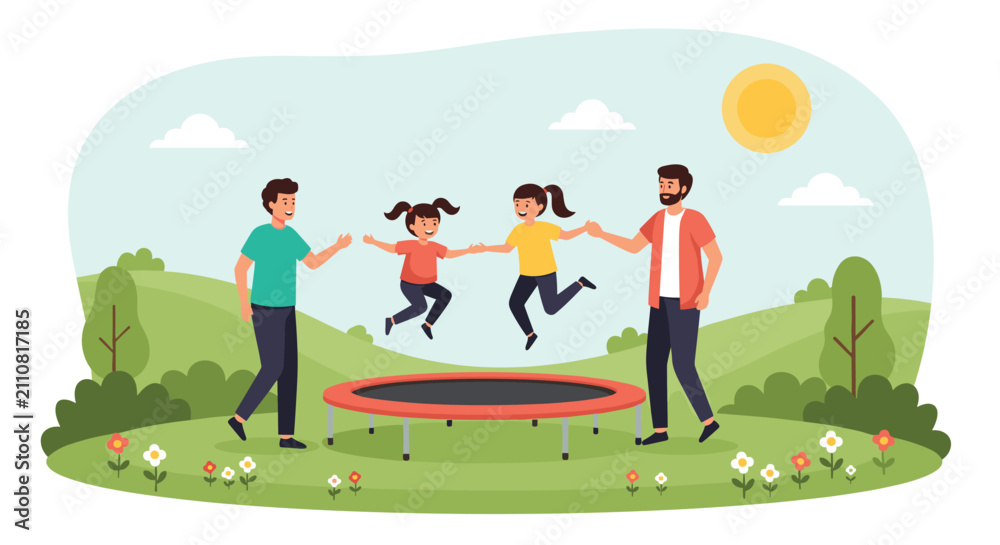 Fototapeta premium Happy kids jumping on outdoor trampoline in green park with supportive fathers holding their hands on sunny day.