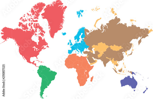 Colorful World Map with Continents and Country Borders Vector