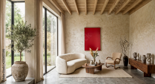 Serene Minimalist Living Room with Red Art