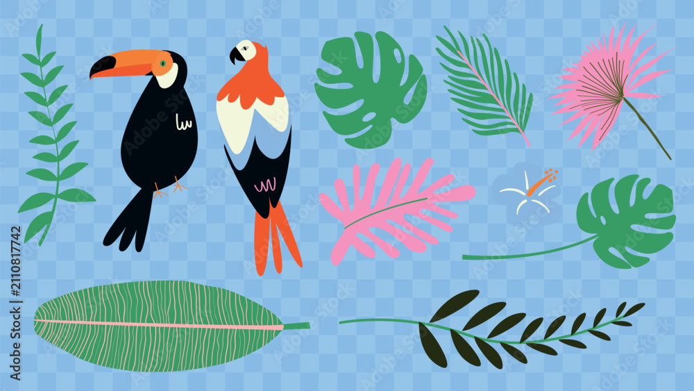 Fototapeta premium Vector of colorful tropical birds and leaves on a blue checkered background.