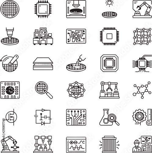 Cuadro en lienzo Semiconductor wafer fabrication and chip manufacturing line icons for technology