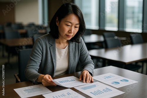Focused East Asian Businesswoman Analyzing Financial Reports
