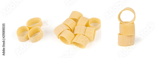 Raw Calamarata Big Pasta Isolated, Homemade Dry Macaroni, Italian Raw Round Noodle