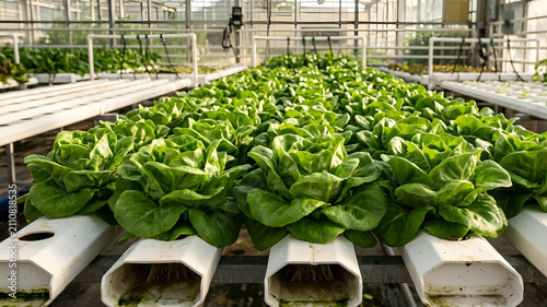 Fresh green lettuce growing in a hydroponic garden during daytime in a greenhouse setting with