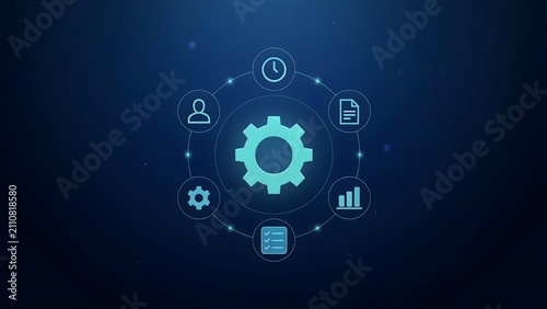 Business process management and workflow automation concept with gear icon and digital icons on blue background