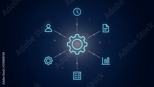 Abstract digital technology background with a central gear icon connected to various business and management symbols representing workflow, automation, and data processing