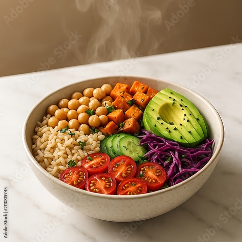 45-Degree View of Steamy Vegan Bowl on White Marble
