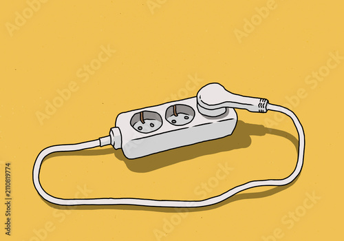 White power strip plugged into itself on yellow background