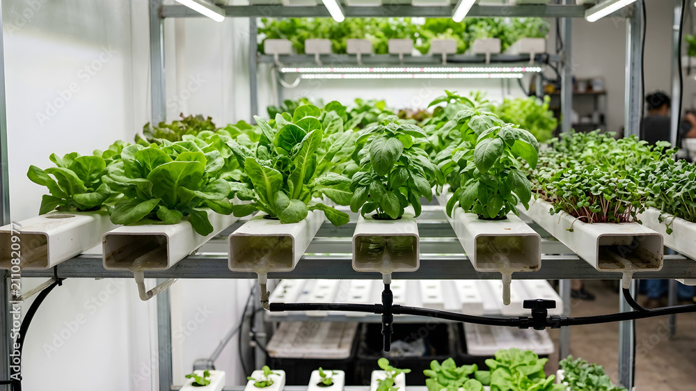 Fototapeta premium Indoor hydroponic farm cultivating fresh vegetables and herbs in a controlled environment