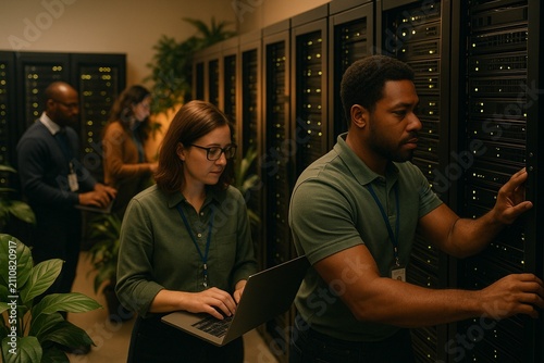 IT Technicians Working in Server Room with Green Plants