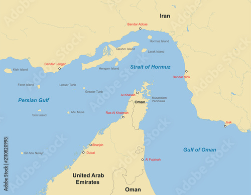 Fotografie Map of the Strait of Hormuz and Persian Gulf region, showing Iran, Oman, and UAE