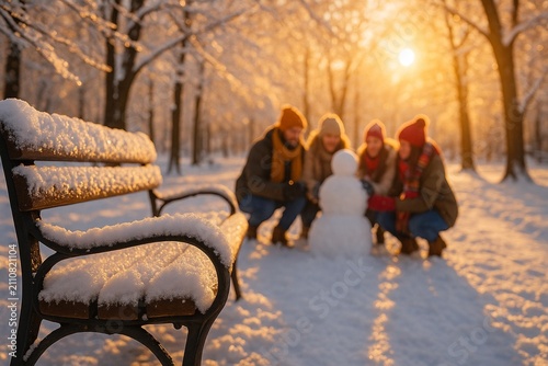 Winter park golden hour with friends building snowman