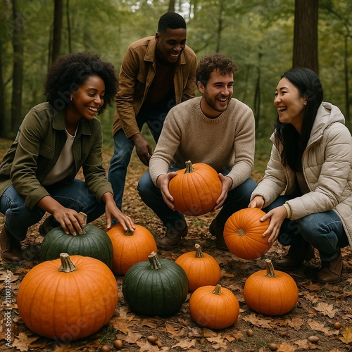 Elevated View of Friends Picking Autumn Pumpkins in Forest