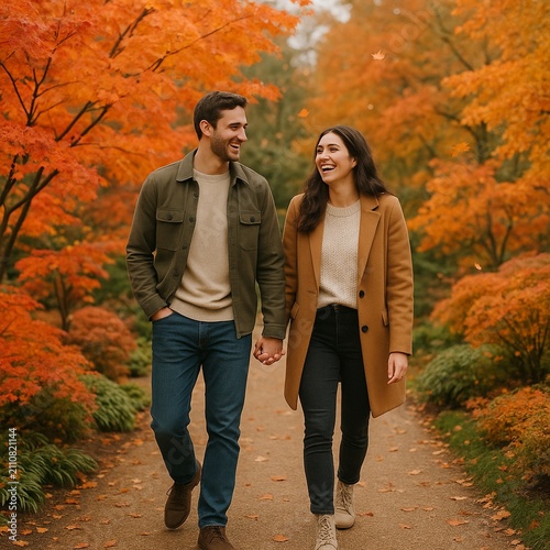 Couple Strolling in Autumn Garden
