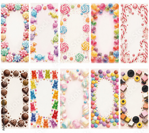A colorful collection of ten playful candy-themed frames featuring lollipops, wrapped sweets, gummy bears, marshmallows, chocolates, licorice, candy canes, jelly candies, and pastel confectionery. Ide