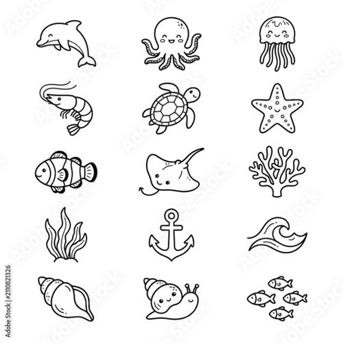 Принти на полотні Create a premium collection of exactly 25 unique black outline vector icons related to Cute Ocean Creatures