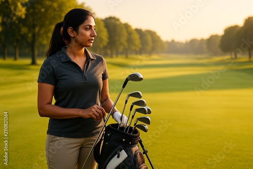 Golfer Selecting Club on Golden Fairway