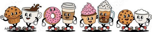 Retro cartoon coffee and bakery couple mascot set with walking donut muffin cup and cookie