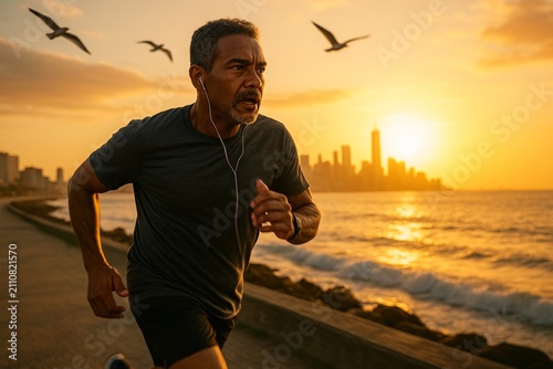 Energetic Man Jogging on Coastal Path at Sunrise