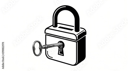 A black and white illustration of a padlock with an old-fashioned key inserted into its keyhole.