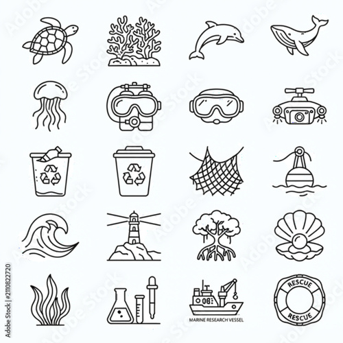 Fotografía Create a premium collection of exactly 25 unique black outline vector icons related to Ocean Conservation