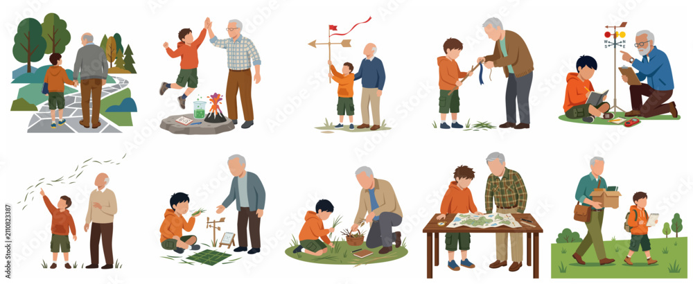 Fototapeta premium Grandfather and grandson engaging in outdoor learning, science experiments, and nature exploration activities, flat vector illustration set
