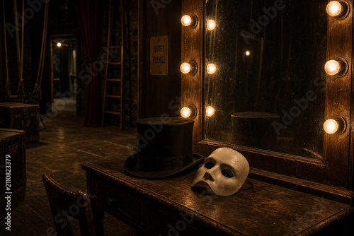 Empty theater backstage with top hat and porcelain mask.