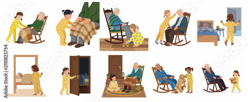 Foto Flat vector illustration set of a granddaughter caring for her elderly grandfather in various domestic scenes, highlighting family love, aging, and generational bonding at home