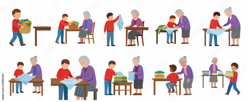 Fototapeta premium Grandson helping grandmother with laundry chores, folding clothes and carrying baskets vector illustration set