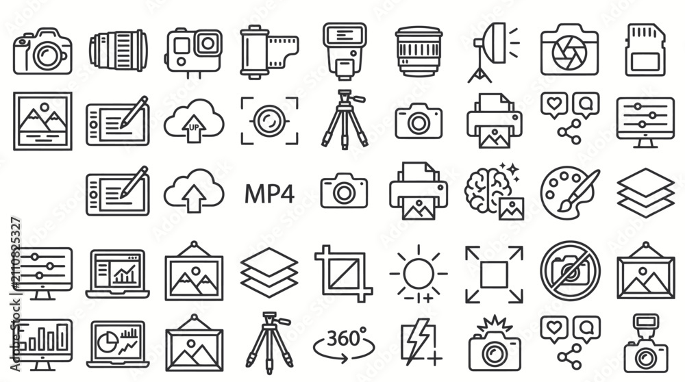 Fototapeta premium Comprehensive photography and multimedia equipment outline line icons.