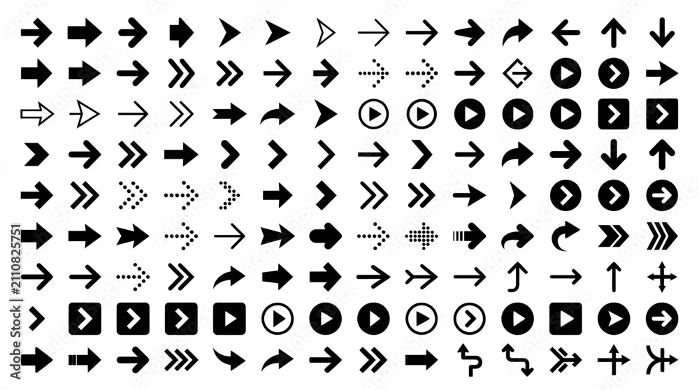 Obraz premium Large set of directional arrow icons for navigation and interface.