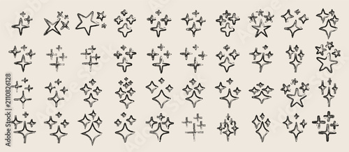 Set Of Linear Brushstroke Hand Drawn Star Sparkle Signs. Collection Of Sparkling Shine Boho Style Shapes.