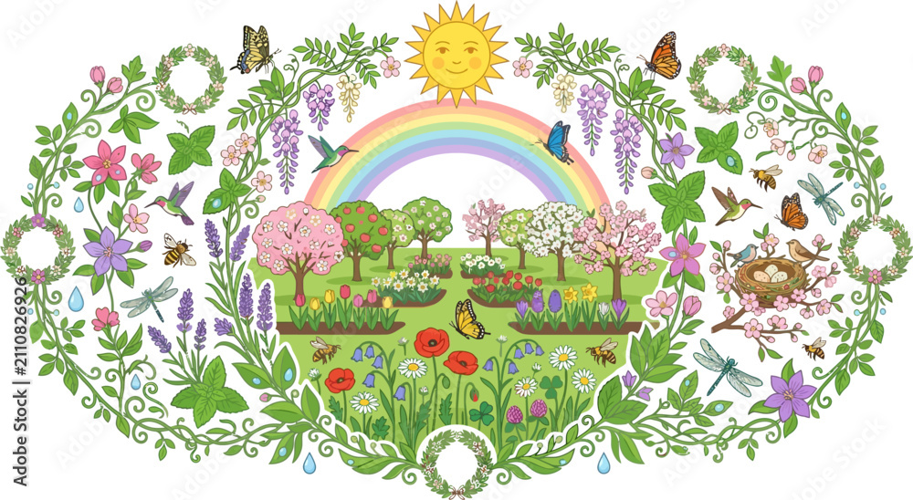 Obraz premium Rainbow arches over a vibrant garden scene with a smiling sun, flowering trees, and a variety of insects and birds in a decorative oval frame.