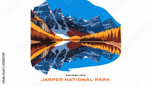 Принти на полотні Very beautiful realistic vector illustration of MALIGNE LAKE IN AUTUMN featuring