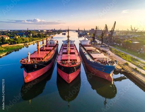Aerial view captures three cargo ships docked along a canal. Cranes and industrial structures are visible in the background with the sun setting