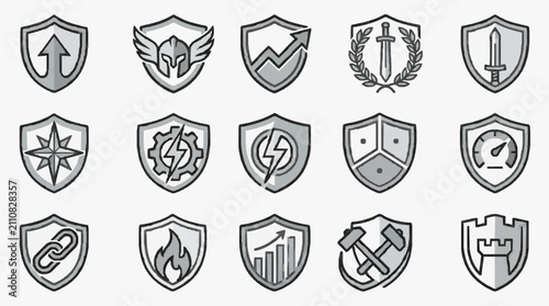 Professional Set of 15 Minimalist Gray Shield Icons with Distinct Symbols for Business Technology and Strategy Concepts