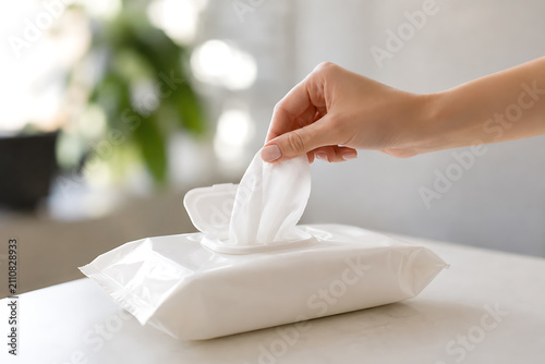 Hand Pulling Wet Wipe from Disposable Wipes Package