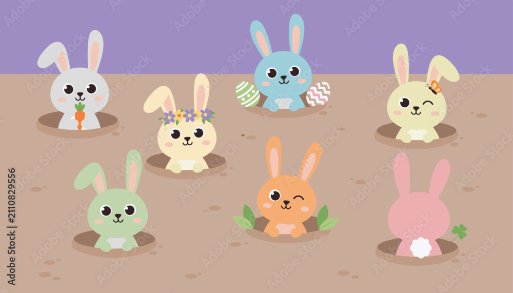Obraz premium Cute Easter bunnies popping out of holes in the ground with decorated easter eggs and spring flowers on purple.