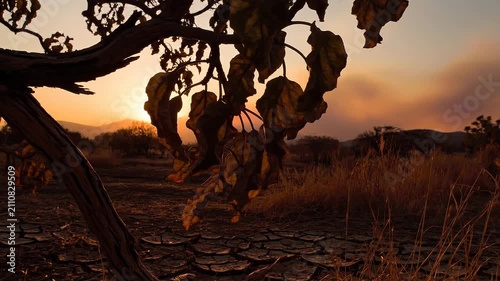 Sunset over dry cracked earth with withered tree and drought landscape in arid environment