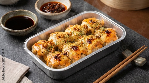 Steamed dumplings topped with creamy savory sauce served with wooden chopsticks and dipping bowls on textured stone surface