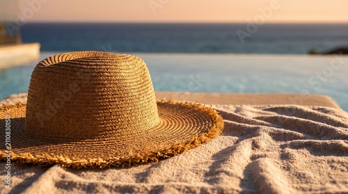 Straw hat and textured towel resting by an infinity pool overlooking the ocean at sunset