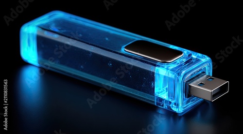 Modern Blue Usb Flash Drive on Black Background Technology