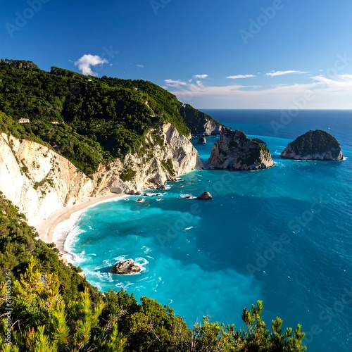 Aerial view of a stunning coastal landscape, showcasing a hidden beach, turquoise water, towering cliffs, and lush greenery