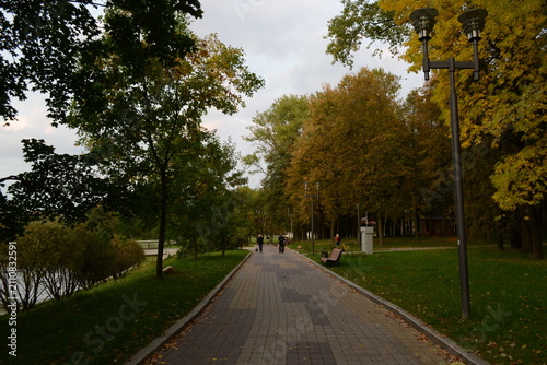 Park in the evening, fountains, lake, river
