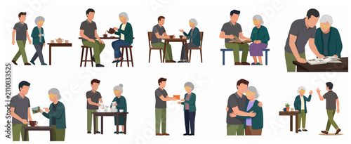 Set of vector illustrations depicting a young man spending time with and caring for his elderly grandmother, showing family support and bonding activities.